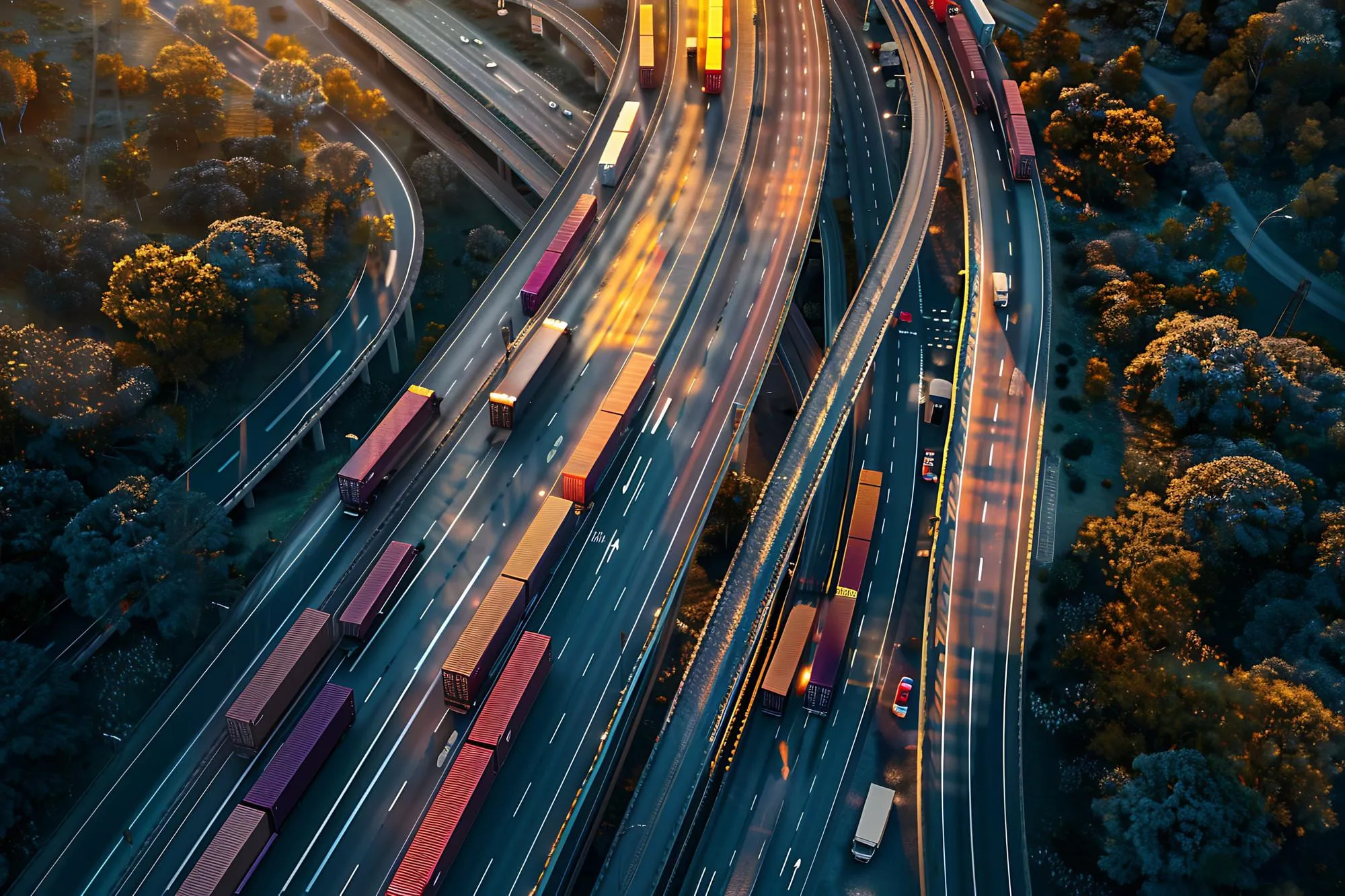 Vista aérea de una autopista con camiones de mercancías