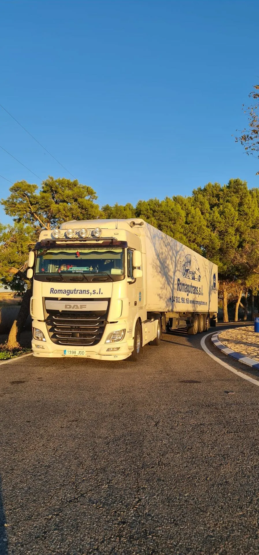 Camión DAF de Romagutrans aparcado junto a una carretera arbolada